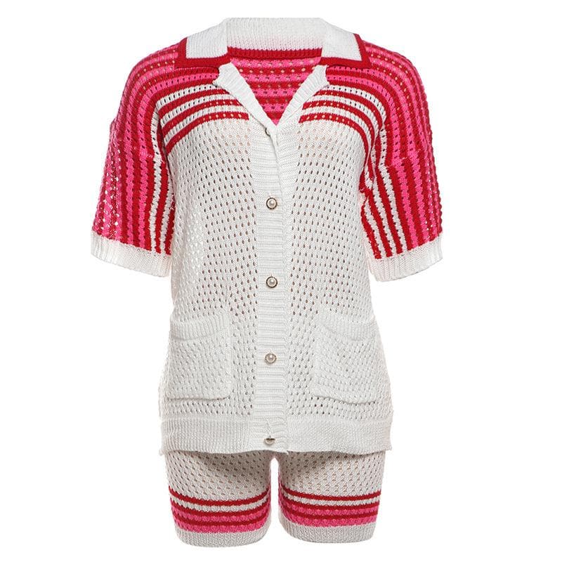 Cozy Knit Polo Top & Shorts Set - Effortless Green & White Fall Loungewear