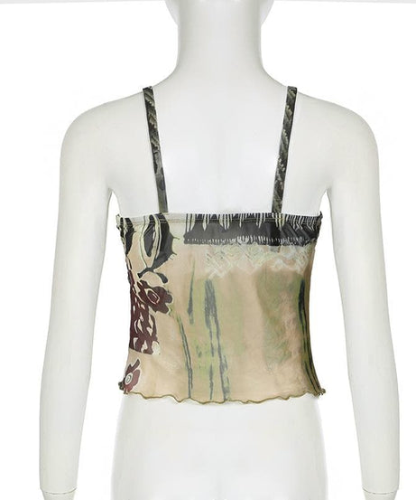 Y2K Boho Chic Patchwork Mesh Cami Top - O-Ring Ruched Detail for Fall