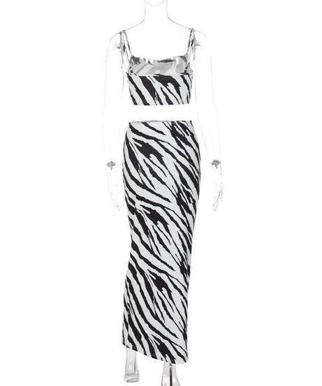 Wild Style Zebra Print Crop Top & Maxi Skirt Set - Chic Two-Piece Fall Outfit
