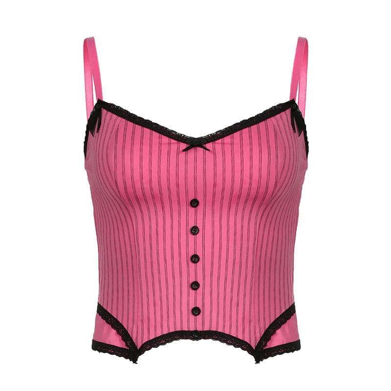 Pink Pinstripe Coquette Cami Top with Lace Trim & Bows - Fall Layering Essential