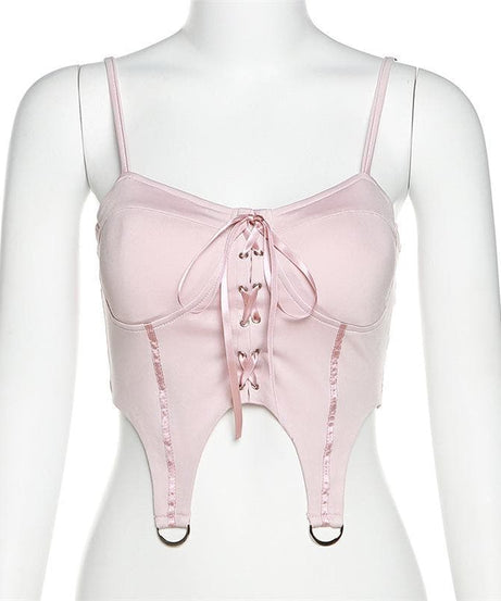 Trendy Blush Pink Lace-Up Corset Crop Top - Y2K Cut-Out Style for Fall Nights & Beyond