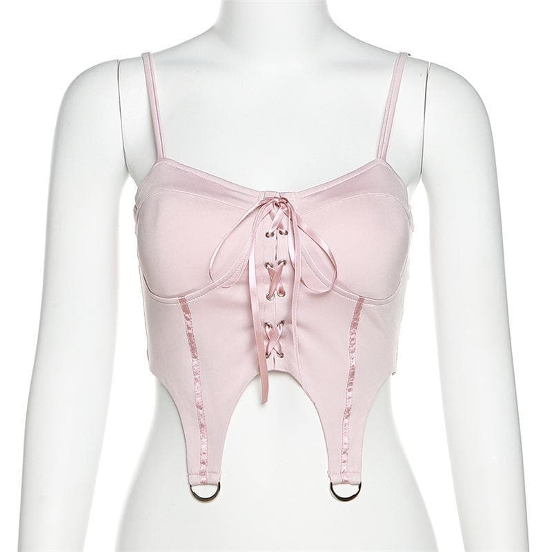 Trendy Blush Pink Lace-Up Corset Crop Top - Y2K Cut-Out Style for Fall Nights & Beyond