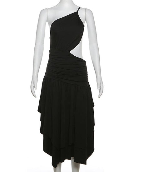 Elevated Elegance: One-Shoulder Ruched Cutout Midi Dress – Fall Party & Evening Wear