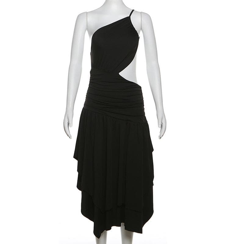 Elevated Elegance: One-Shoulder Ruched Cutout Midi Dress – Fall Party & Evening Wear