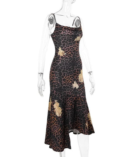 Chic Leopard & Gold Floral Slip Dress | Asymmetrical Cowl Neck Midi for Fall & Holiday Parties