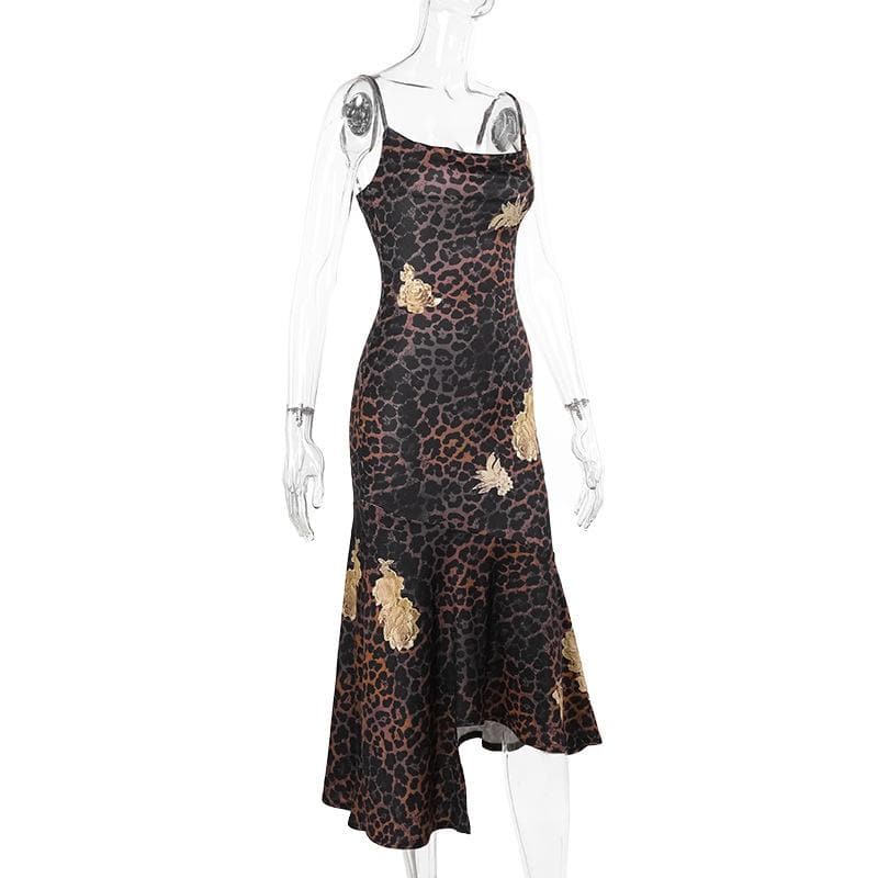 Chic Leopard & Gold Floral Slip Dress | Asymmetrical Cowl Neck Midi for Fall & Holiday Parties