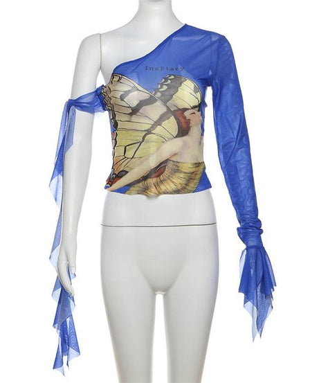 Enchanting Butterfly Art One-Shoulder Mesh Top - Flared Sleeve Y2K Style for Fall