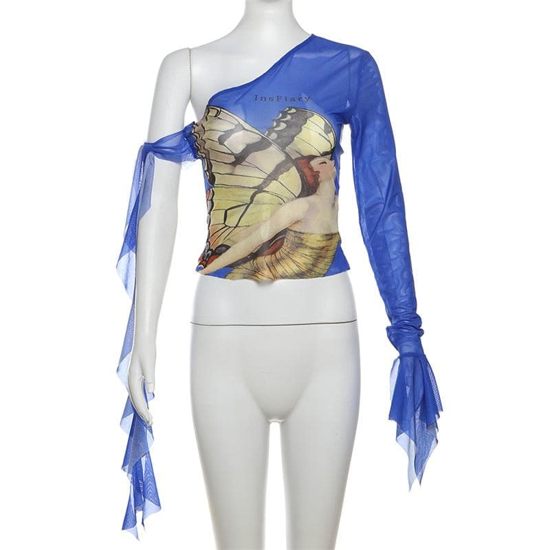 Enchanting Butterfly Art One-Shoulder Mesh Top - Flared Sleeve Y2K Style for Fall