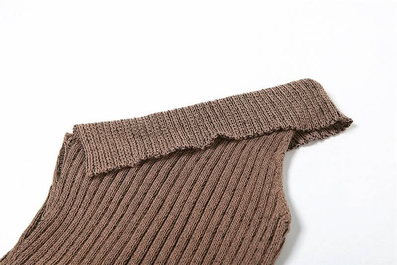 Fall's Must-Have: Chic Chocolate Ribbed Knit Asymmetrical Crop Top & Mini Skirt Set with Arm Warmers