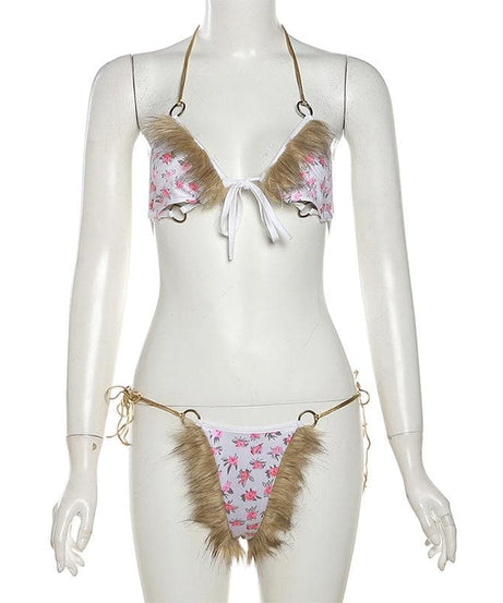 Wild Bloom Fluffy Halter Bikini & Lingerie Set - O-Ring Floral, Festival & Halloween Ready