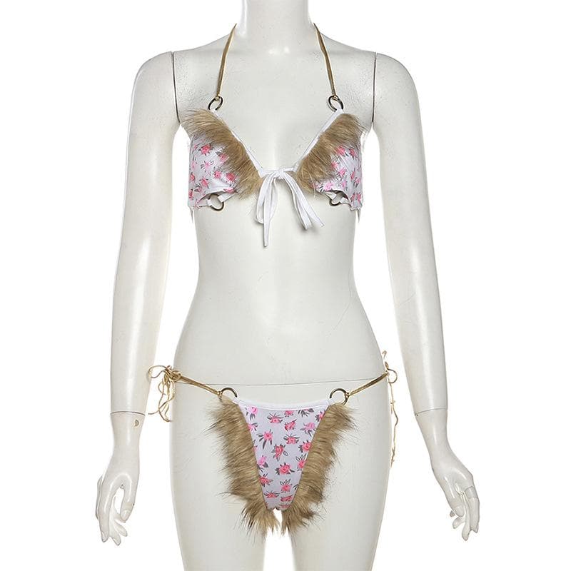 Wild Bloom Fluffy Halter Bikini & Lingerie Set - O-Ring Floral, Festival & Halloween Ready
