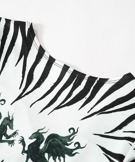 Fall Glam: Zebra Print Two-Piece Maxi Skirt Set with Mythical Graphic Crop Top - Statement Co-ord for Women