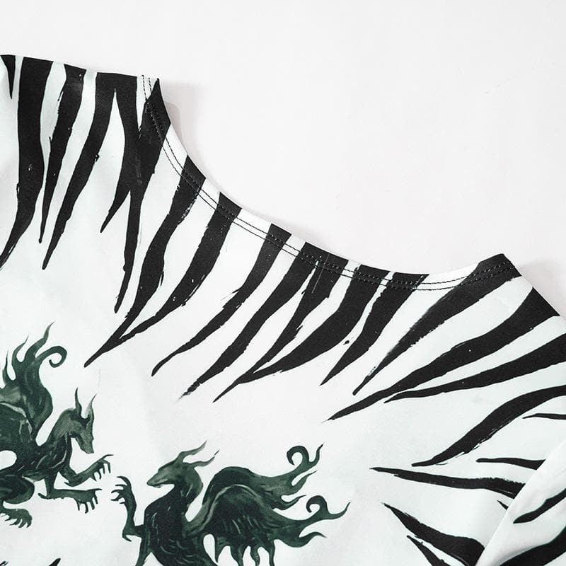 Fall Glam: Zebra Print Two-Piece Maxi Skirt Set with Mythical Graphic Crop Top - Statement Co-ord for Women