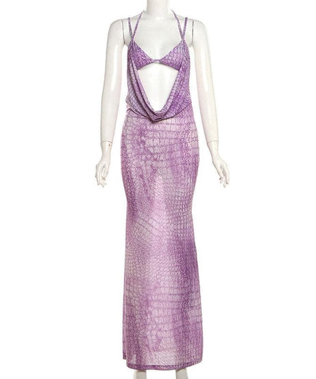 Mystic Allure Halter Maxi Dress | Lavender Croc Print Cut-Out for Fall Parties