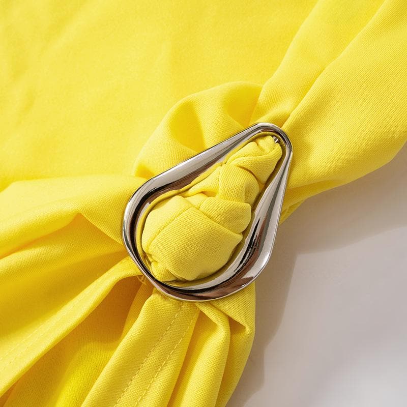 Radiant Yellow One-Shoulder Statement Top - Chic Ruched Buckle Accent for Fall Evenings