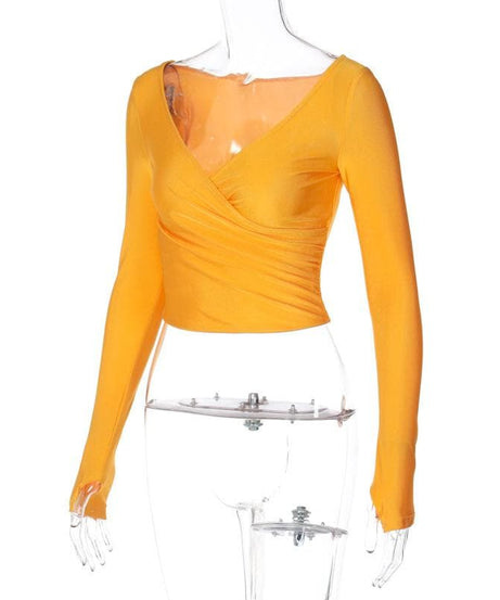 Chic Fall Essential: Black Wrap V-Neck Long Sleeve Crop Top with Thumbholes