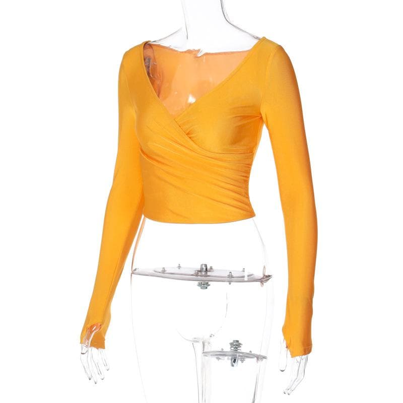 Chic Fall Essential: Black Wrap V-Neck Long Sleeve Crop Top with Thumbholes