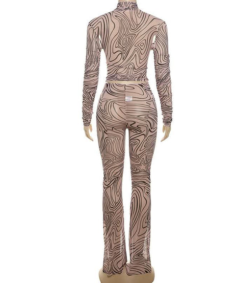 Fall Vibes Swirl Print Bodycon Set - High Neck Long Sleeve & Flared Pants