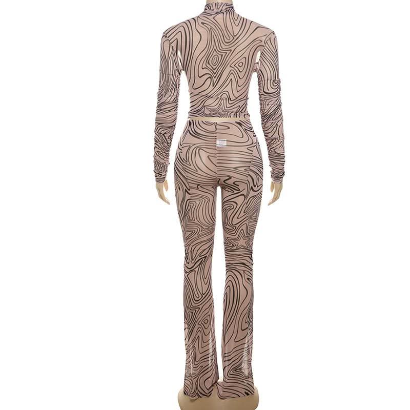 Fall Vibes Swirl Print Bodycon Set - High Neck Long Sleeve & Flared Pants