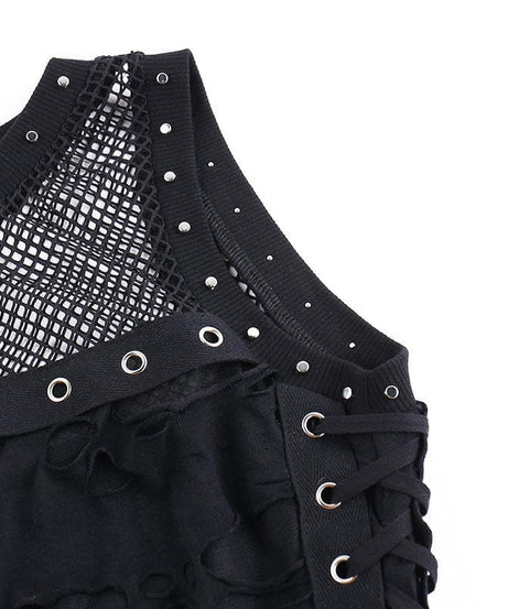 Spiked O-Ring Fishnet Goth Tank Top - Distressed Cut-Out Grunge & Punk Style for Fall & Halloween
