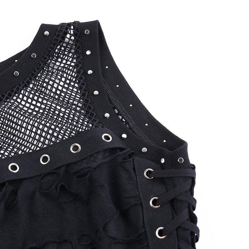 Spiked O-Ring Fishnet Goth Tank Top - Distressed Cut-Out Grunge & Punk Style for Fall & Halloween