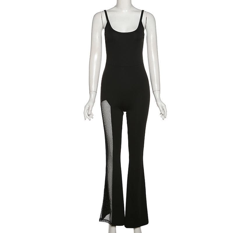 Dare to Dazzle: Black Mesh Slit Flare Jumpsuit - Your Ultimate Fall & Holiday Party Statement