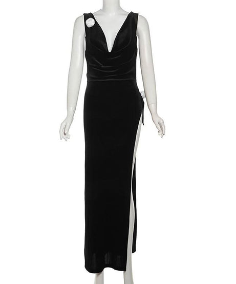 The Opulent Velvet Maxi: Black Cowl Neck Gown with Slit & Backless Design | Fall & Holiday Party Ready