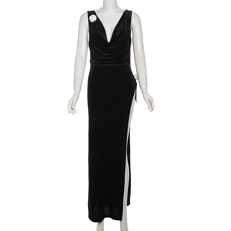 The Opulent Velvet Maxi: Black Cowl Neck Gown with Slit & Backless Design | Fall & Holiday Party Ready