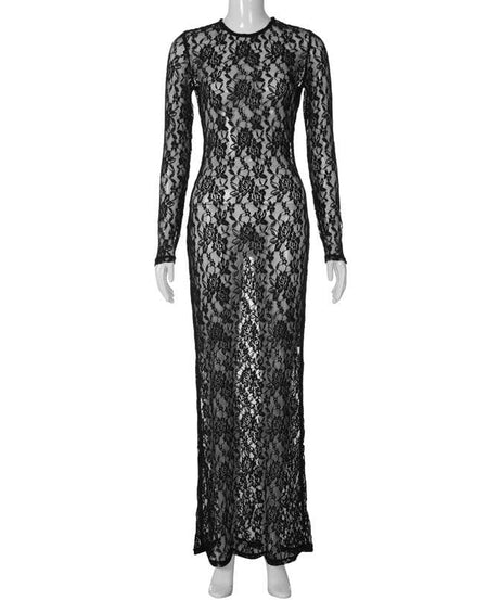 Alluring White Lace Illusion Maxi Dress - Long Sleeve Sheer Bodycon for Fall Nights & Holiday Glam