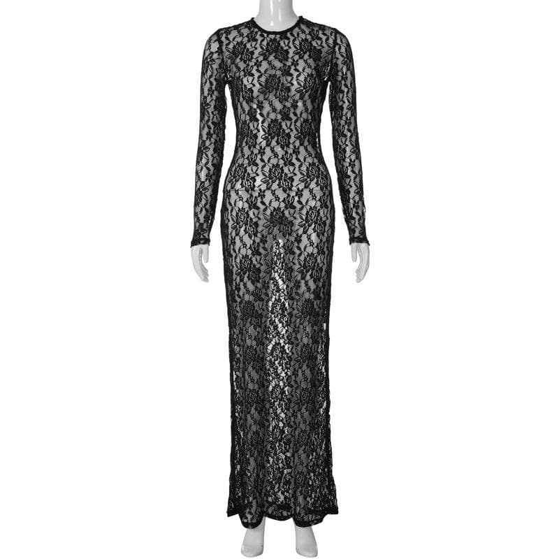 Alluring White Lace Illusion Maxi Dress - Long Sleeve Sheer Bodycon for Fall Nights & Holiday Glam