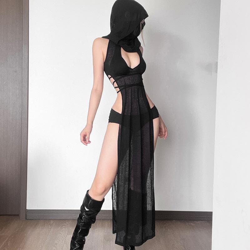 Mystic Vixen Hooded Sheer Maxi Dress – Daring Cutouts & High Slits for Halloween & Club Nights