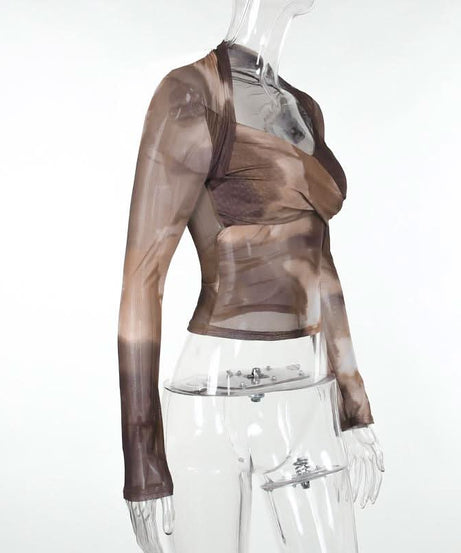 Autumn Edge Tie-Dye Mesh Wrap Top - Chic Long Sleeve Sheer Style