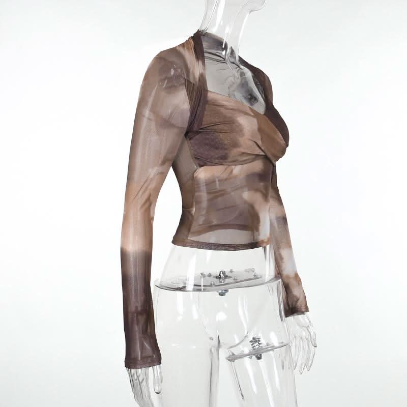 Autumn Edge Tie-Dye Mesh Wrap Top - Chic Long Sleeve Sheer Style