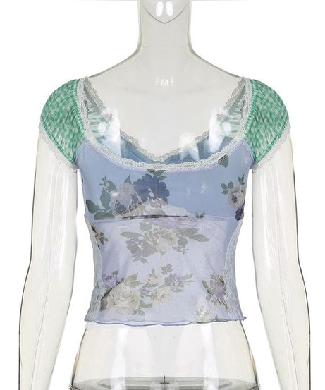 Autumn Bloom Floral Mesh & Gingham Sweetheart Top - Y2K Layering Cami