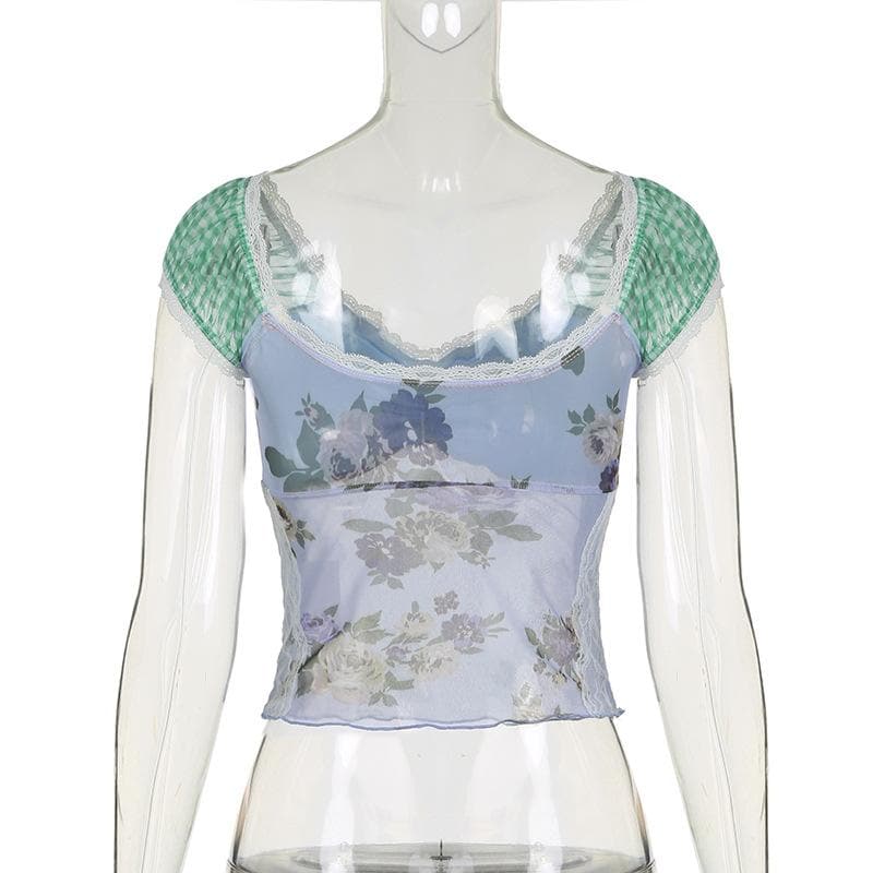 Autumn Bloom Floral Mesh & Gingham Sweetheart Top - Y2K Layering Cami