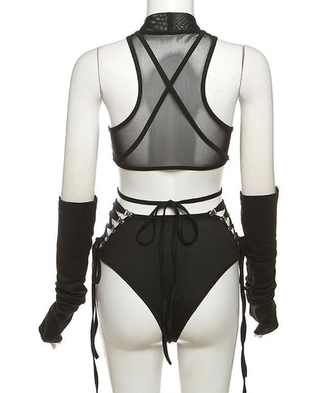 Dare to Thrill: Edgy Black O-Ring Cutout Bodysuit with Fingerless Gloves - Halloween & Club Ready