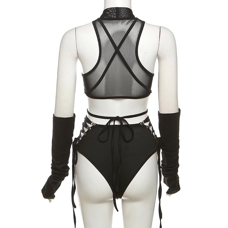 Dare to Thrill: Edgy Black O-Ring Cutout Bodysuit with Fingerless Gloves - Halloween & Club Ready