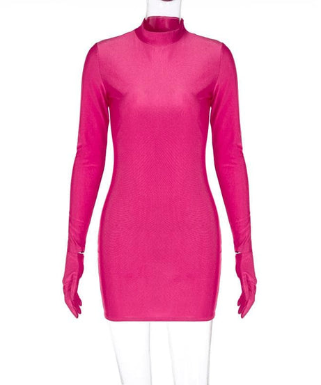 Showstopping Hot Pink High-Neck Bodycon Mini Dress with Attached Gloves – Fall & Holiday Party Ready