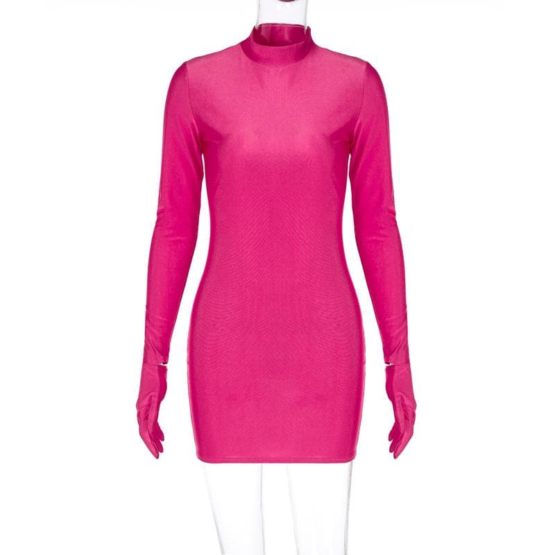 Showstopping Hot Pink High-Neck Bodycon Mini Dress with Attached Gloves – Fall & Holiday Party Ready