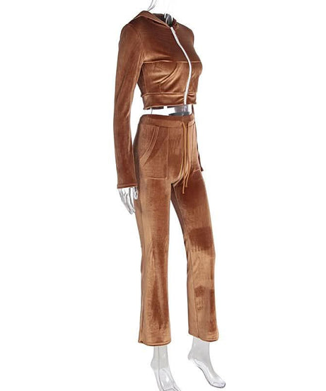 Luxe Fall Velvet Tracksuit Set for Women | Cropped Zip Hoodie & Straight Leg Pants