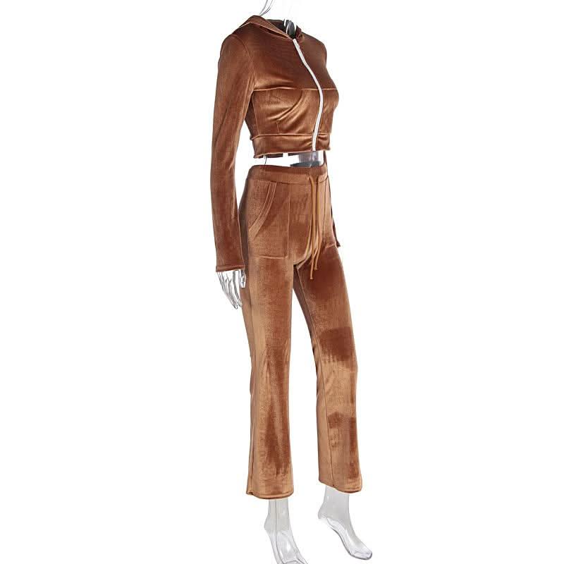 Luxe Fall Velvet Tracksuit Set for Women | Cropped Zip Hoodie & Straight Leg Pants