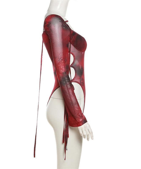 Autumn Edge: Ruched Tie-Dye Mesh Bodysuit with Cutout Ties – Your Go-To for Fall Parties & Halloween