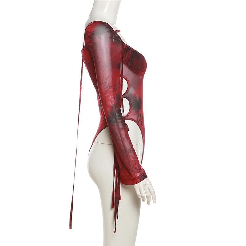 Autumn Edge: Ruched Tie-Dye Mesh Bodysuit with Cutout Ties – Your Go-To for Fall Parties & Halloween