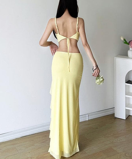 Golden Hour Glow: Breezy Yellow Mesh Cami & Ruffle Slit Maxi Skirt Set - Vacation & Resort Ready