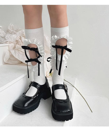 Vintage Chic Ruffled Bow Cut-Out Knee High Socks - Fall & Goth Academia Ready