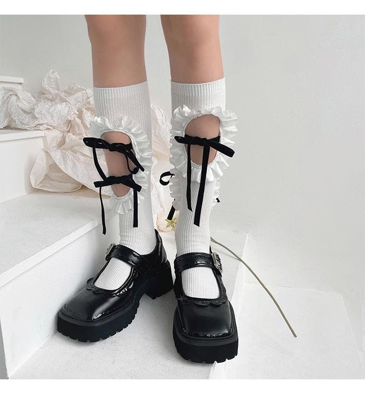 Vintage Chic Ruffled Bow Cut-Out Knee High Socks - Fall & Goth Academia Ready