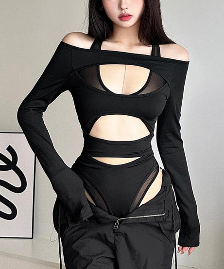Daring Desire: Black Mesh Cut-Out Long Sleeve Bodysuit – Your Fall & Halloween Party Statement