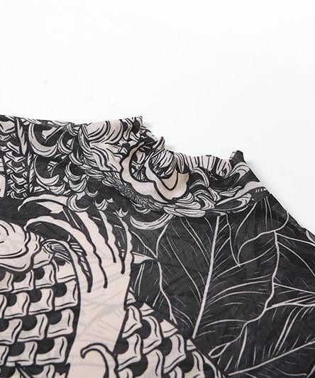 Artistic Koi Mesh Maxi Dress - Elegant High-Neck Fall Statement Piece