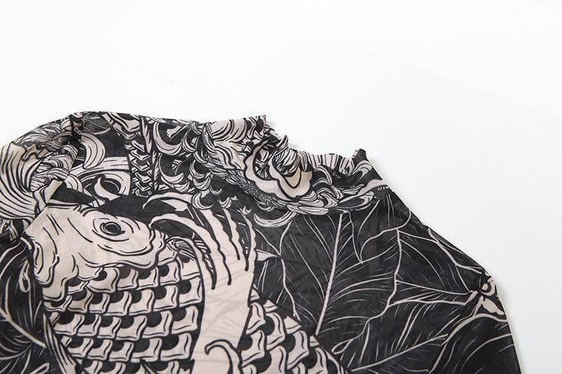 Artistic Koi Mesh Maxi Dress - Elegant High-Neck Fall Statement Piece