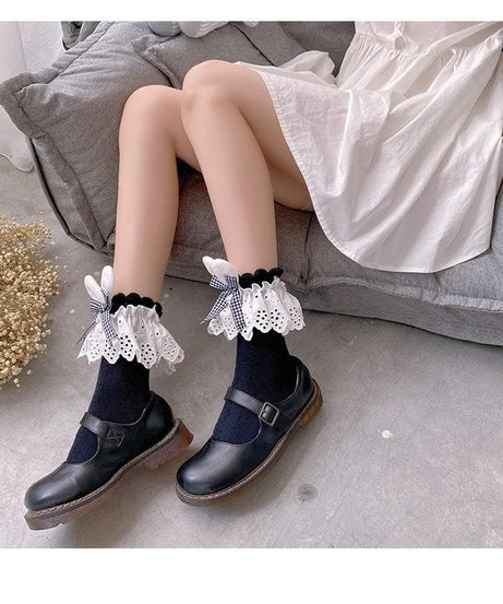Whimsical Fall Academia: Gingham Bow & Bunny Ear Lace Ankle Socks for Women